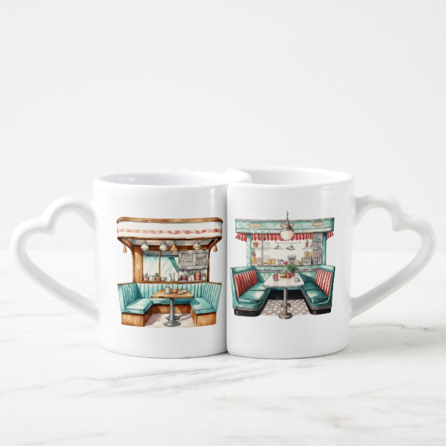 CUTE GREEN RETRO DINER RESTAURANT TABLES COFFEE MUG SET (Front Nesting)