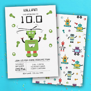 Cute Green Robot Theme Kids Robots Birthday Party Invitation