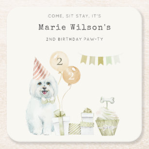 Cute Green Rust Party Puppy Dog Any Age Birthday Square Paper Coaster