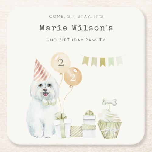Cute Green Rust Party Puppy Dog Any Age Birthday Square Paper Coaster
