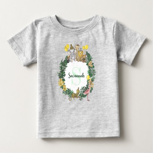 Cute Green Safari Animals Balloons Greenery Wreath Baby T_Shirt