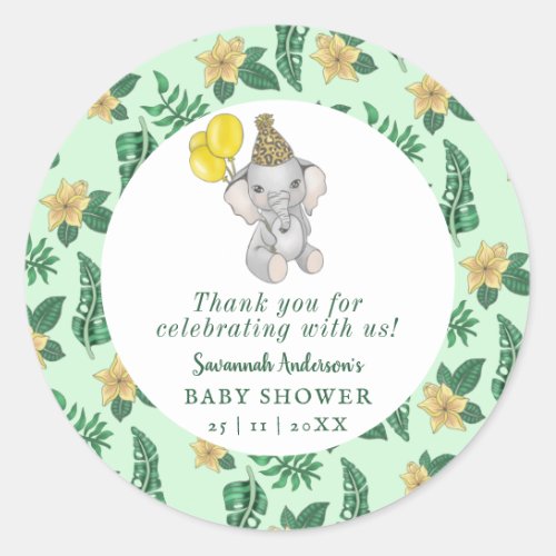 Cute Green Safari Animals Elephant Baby Shower Classic Round Sticker