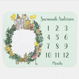 Cute Green Safari Animals Wreath Baby Milestones Blanket
