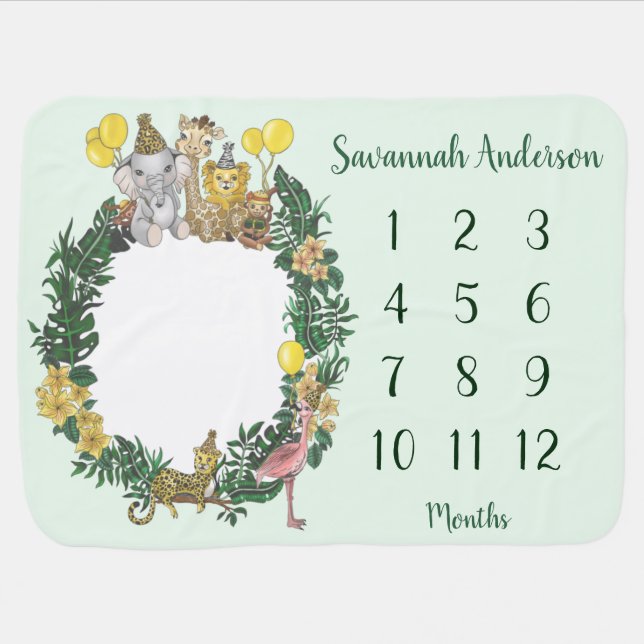 Cute Green Safari Animals Wreath Baby Milestones Blanket (Horizontal)
