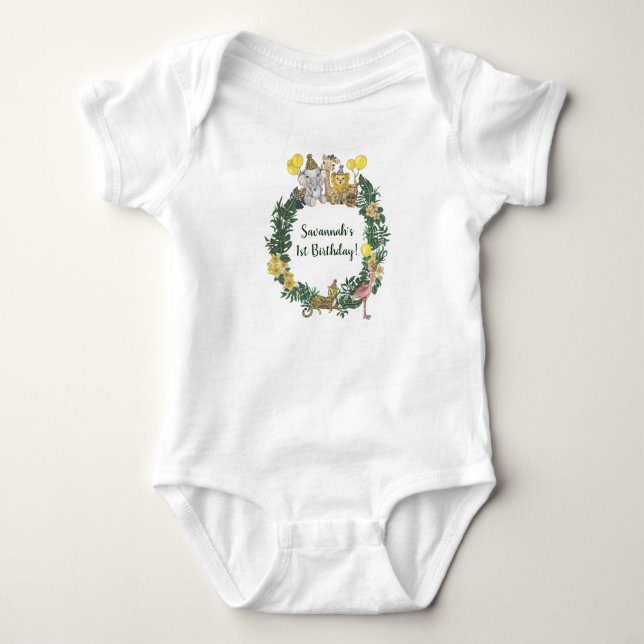 Cute Green Safari Animals Wreath First Birthday  Baby Bodysuit (Front)