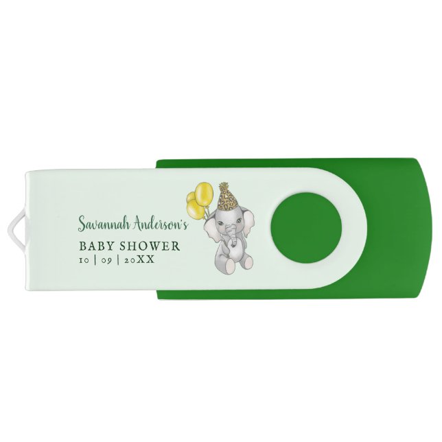 Cute Green Safari Elephant Baby Shower Photography Flash Drive (Back)