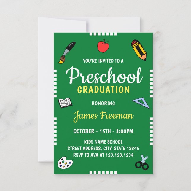 Cute Green School Supplies Kindergarten Graduation Invitation (Front)