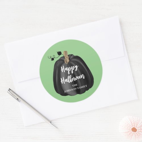 Cute Green Script Pumpkin Happy Halloween Classic Round Sticker