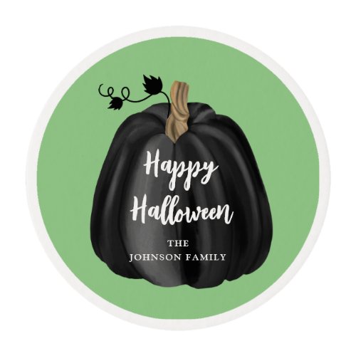 Cute Green Script Pumpkin Happy Halloween Edible Frosting Rounds