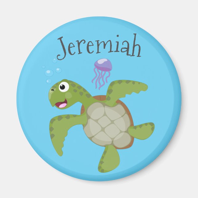 Cute green sea turtle cartoon illustration magnet (Front)