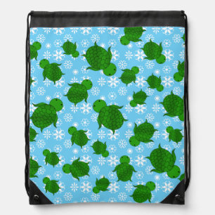 Cute green sea turtle christmas blue snowflakes drawstring bag
