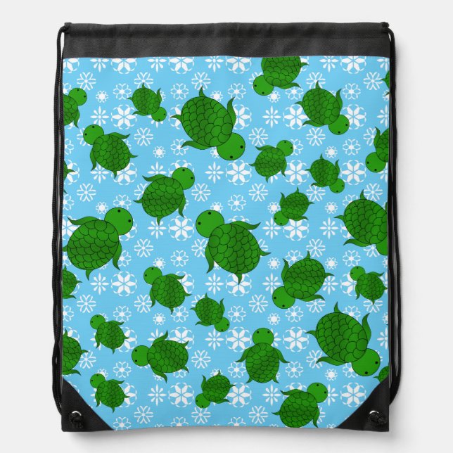 Cute green sea turtle christmas blue snowflakes drawstring bag (Front)
