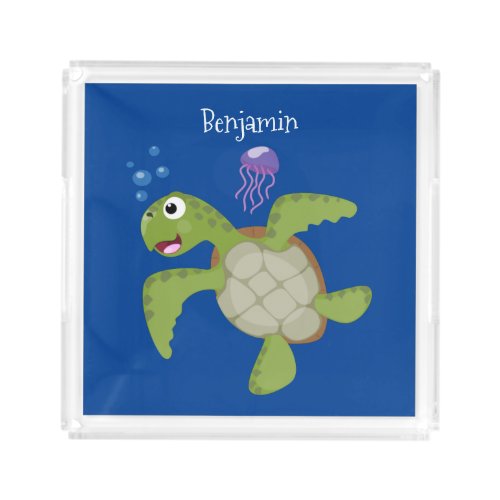 Cute green sea turtle happy cartoon illustration acrylic tray