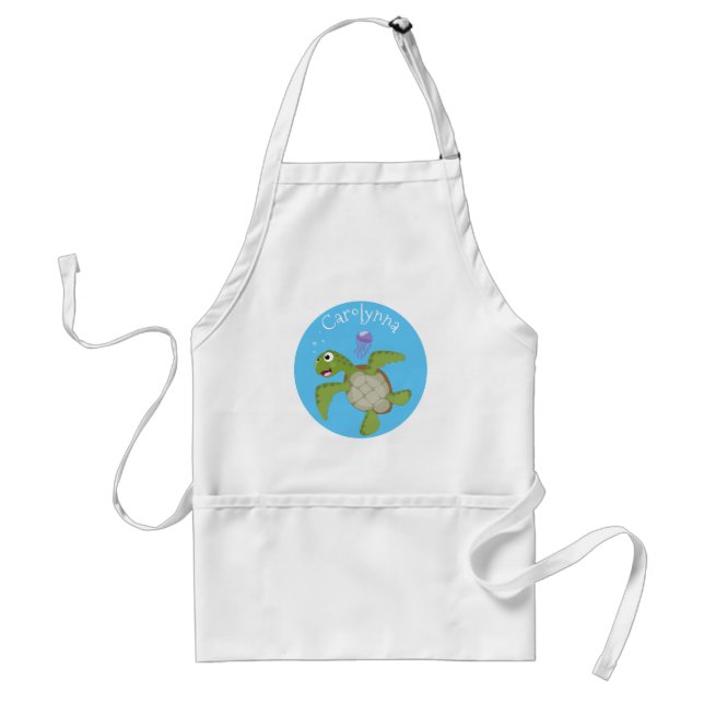 Cute green sea turtle happy cartoon illustration adult apron (Front)