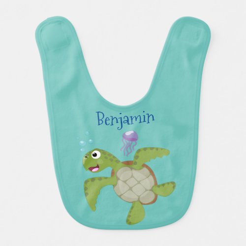 Cute green sea turtle happy cartoon illustration baby bib