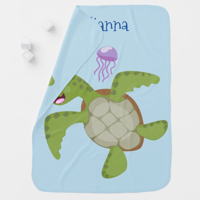 Cute green sea turtle happy cartoon illustration baby blanket (In Situ)