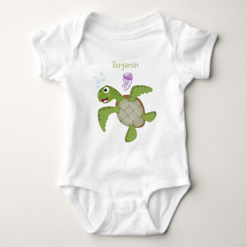 Cute green sea turtle happy cartoon illustration baby bodysuit