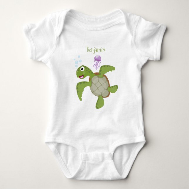 Cute green sea turtle happy cartoon illustration baby bodysuit (Front)