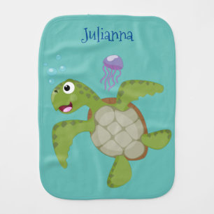 Cute green sea turtle happy cartoon illustration baby burp cloth