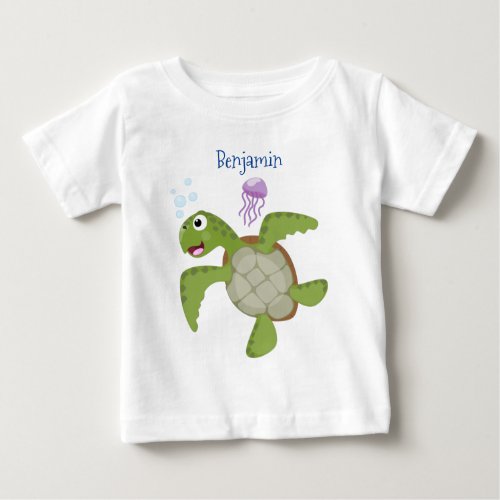 Cute green sea turtle happy cartoon illustration baby T_Shirt