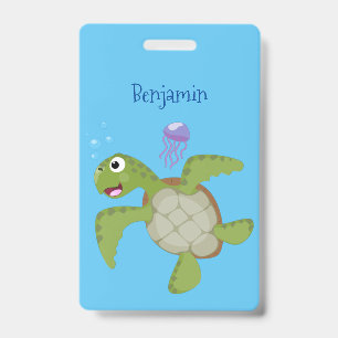 Cute green sea turtle happy cartoon illustration badge