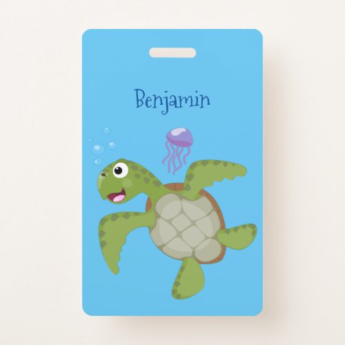 Cute green sea turtle happy cartoon illustration badge