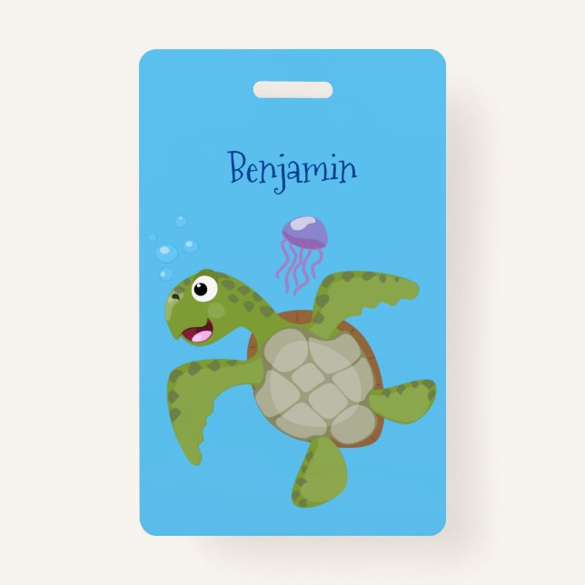 Cute green sea turtle happy cartoon illustration badge (Front)