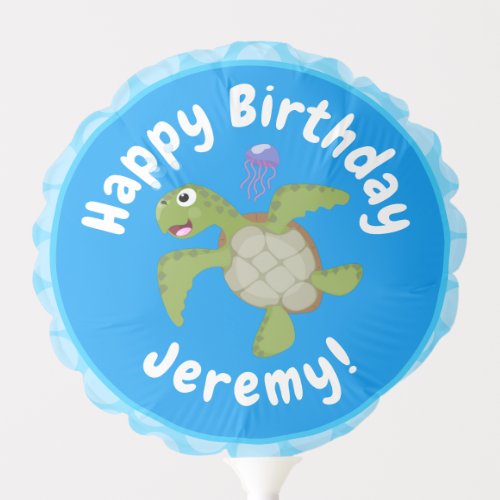 Cute green sea turtle happy cartoon illustration balloon