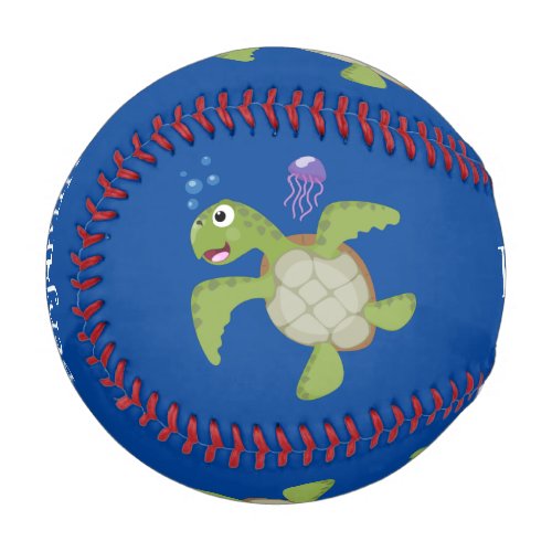 Cute green sea turtle happy cartoon illustration baseball