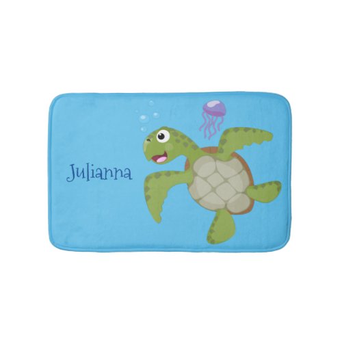 Cute green sea turtle happy cartoon illustration bath mat