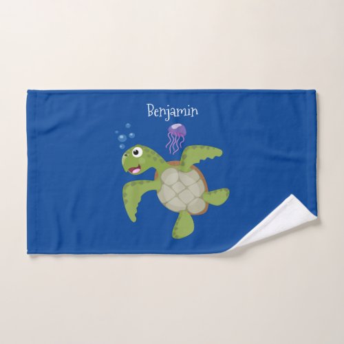 Cute green sea turtle happy cartoon illustration bath towel set