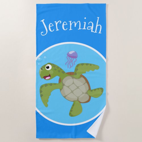 Cute green sea turtle happy cartoon illustration beach towel