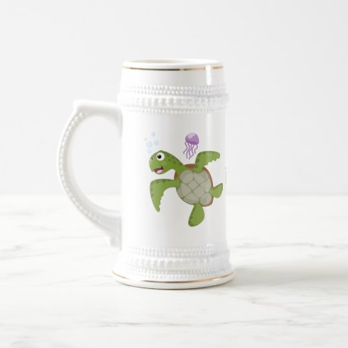 Cute green sea turtle happy cartoon illustration beer stein