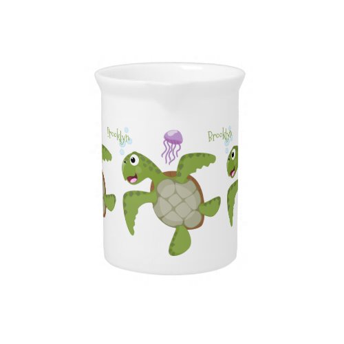 Cute green sea turtle happy cartoon illustration beverage pitcher