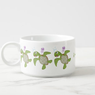 Cute green sea turtle happy cartoon illustration bowl