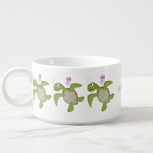 Cute green sea turtle happy cartoon illustration bowl (Right)