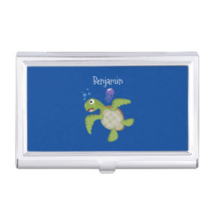 Cute green sea turtle happy cartoon illustration business card case