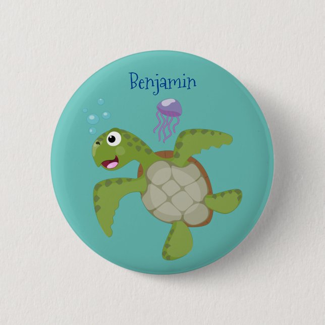 Cute green sea turtle happy cartoon illustration button (Front)