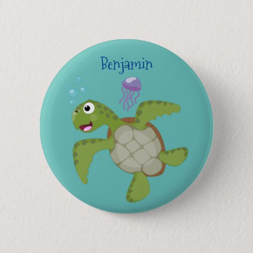 Cute green sea turtle happy cartoon illustration button