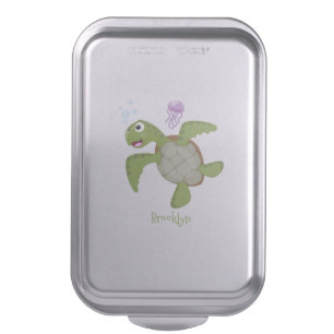 Cute green sea turtle happy cartoon illustration cake pan