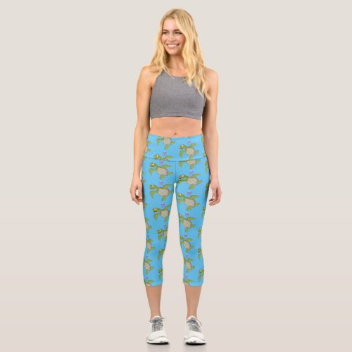 Cute green sea turtle happy cartoon illustration capri leggings