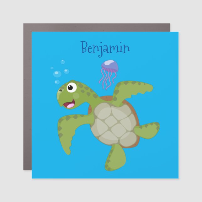 Cute green sea turtle happy cartoon illustration car magnet (Front)