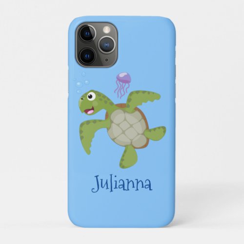 Cute green sea turtle happy cartoon illustration iPhone 11 pro case
