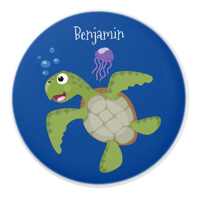 Cute green sea turtle happy cartoon illustration ceramic knob (Front)