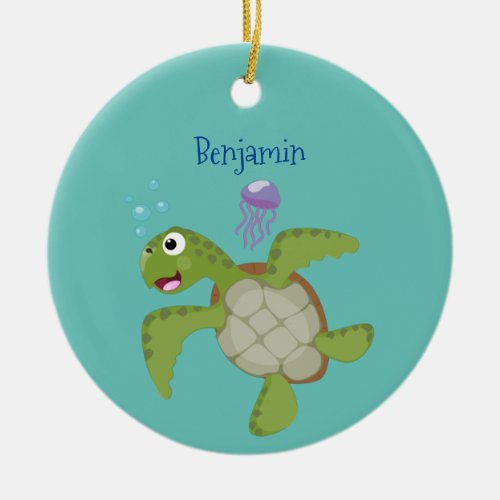 Cute green sea turtle happy cartoon illustration ceramic ornament