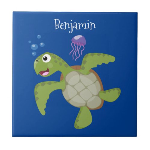 Cute green sea turtle happy cartoon illustration ceramic tile