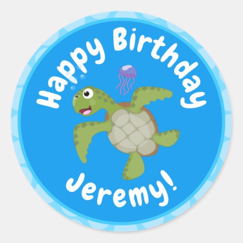 Cute green sea turtle happy cartoon illustration classic round sticker