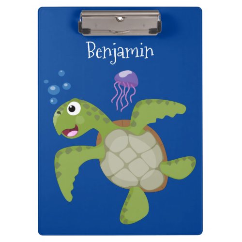 Cute green sea turtle happy cartoon illustration clipboard