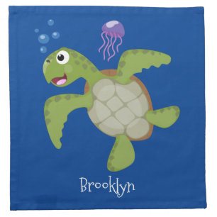 Cute green sea turtle happy cartoon illustration cloth napkin