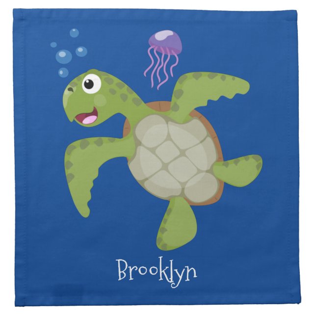 Cute green sea turtle happy cartoon illustration cloth napkin (Front)